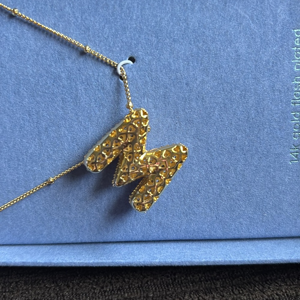 Gold “M” Initial Necklace with Cubic Zirconia - Picture 4 of 4
